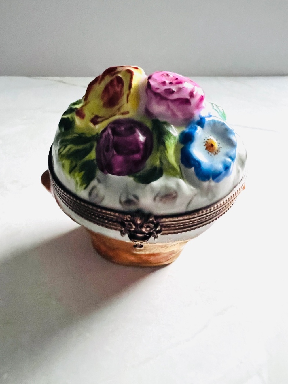 Limoges France P.V. Peint Main Large Flower Basket Trinket Box, Sculpted Roses